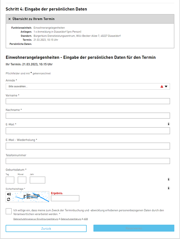 Eingabe der personlichen Daten